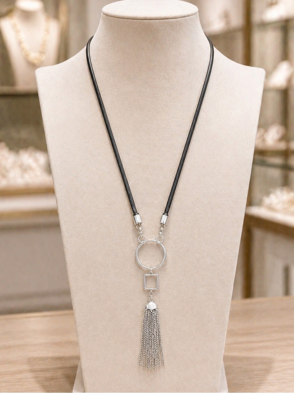 Leather Necklace with Silver Geometric Patterns
